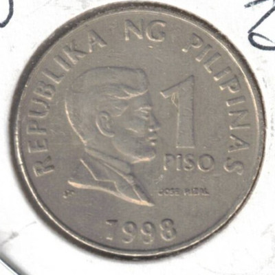 1998 Philippines Circulated 1 Peso Jose Rizal & Bank Seal Coin!