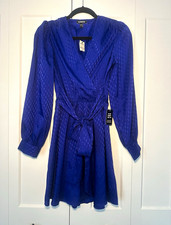 Express Satin Long Sleeve Blue V-Neck Tie Waist Mini Dress (XS)