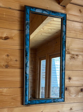 Vintage Decorative Rectangular Wall Mirror Blue Floral Gold Edge 1980