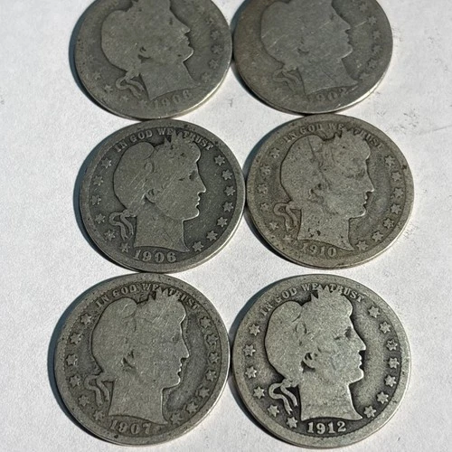 6x lot - 90% SILVER BARBER QUARTER  US Coins