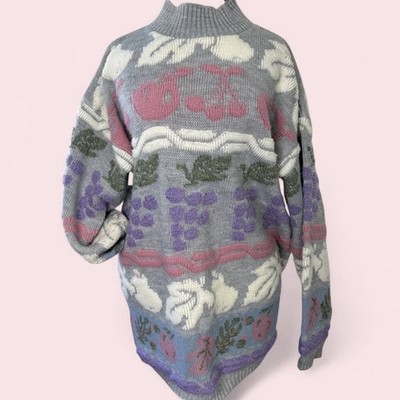 Vintage Fairy Kei Sweater Pastel Fruit Novelty 3D Pullover Easter Cute Sz L