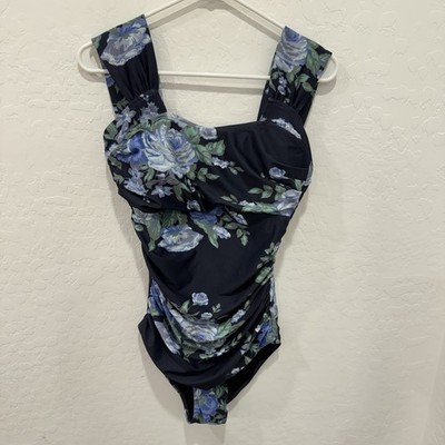 Albion Rose Off the Shoulder Swimsuit Womens Medium One Piece Blue Floral Beach