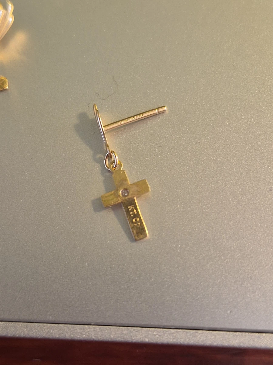 Vintage 14K Gold Post & Backs Cross Dangle Earrings Genuine Tested Diamond Pair