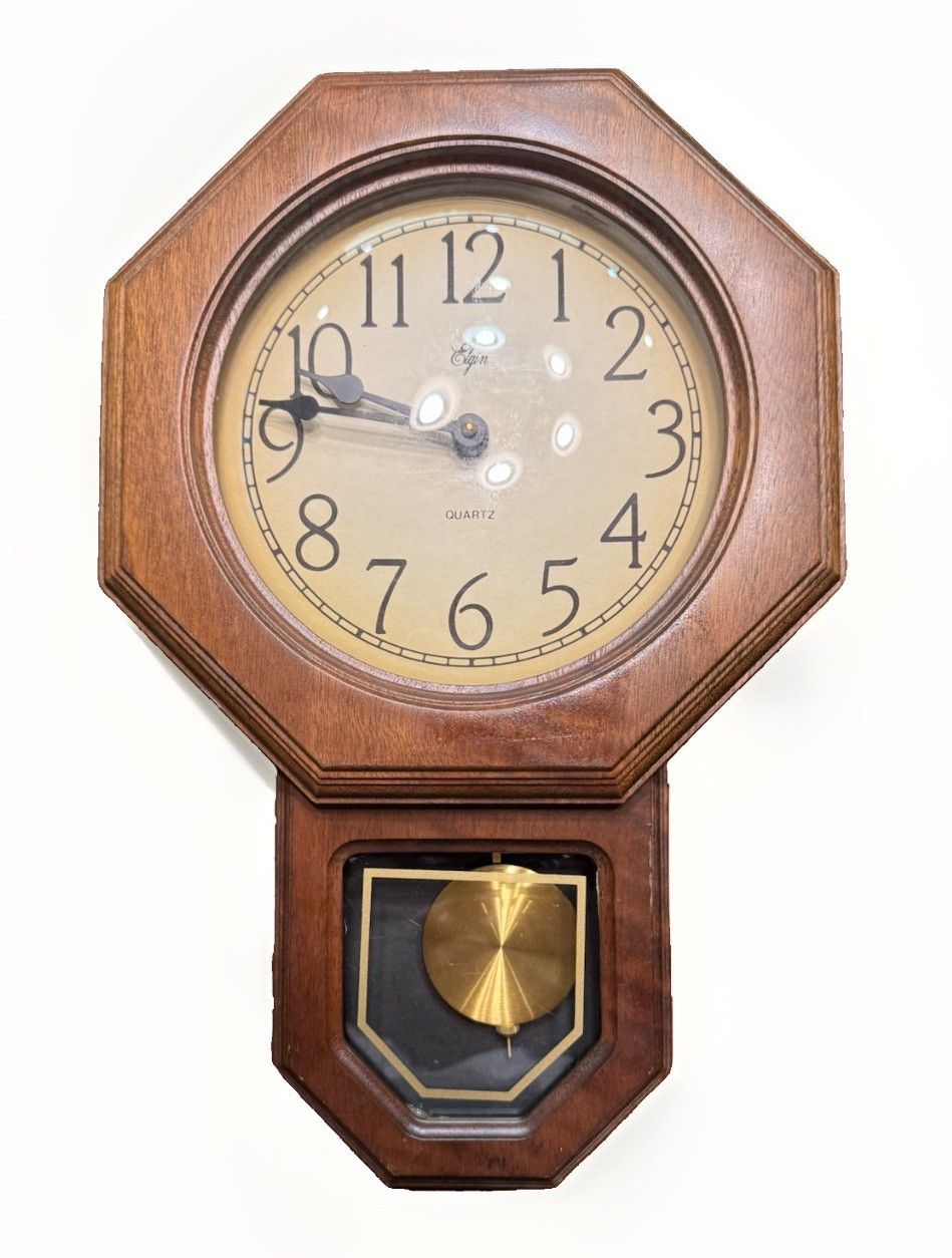 Vintage Elgin Quartz Pendulum Wall Clock Octagon Wood Grain Schoolhouse Style