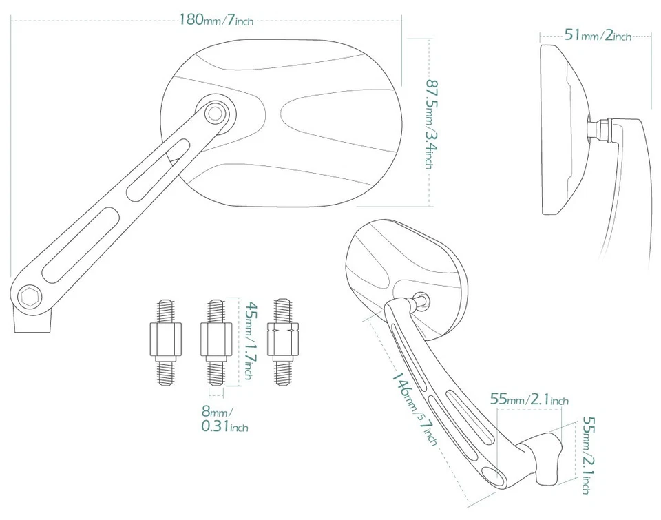 Espejo STARK Negro Cuadrado CNC Aluminio 8mm 1.25 Paso para Suzuki T 90 125 350 500 Foto 2 de 4