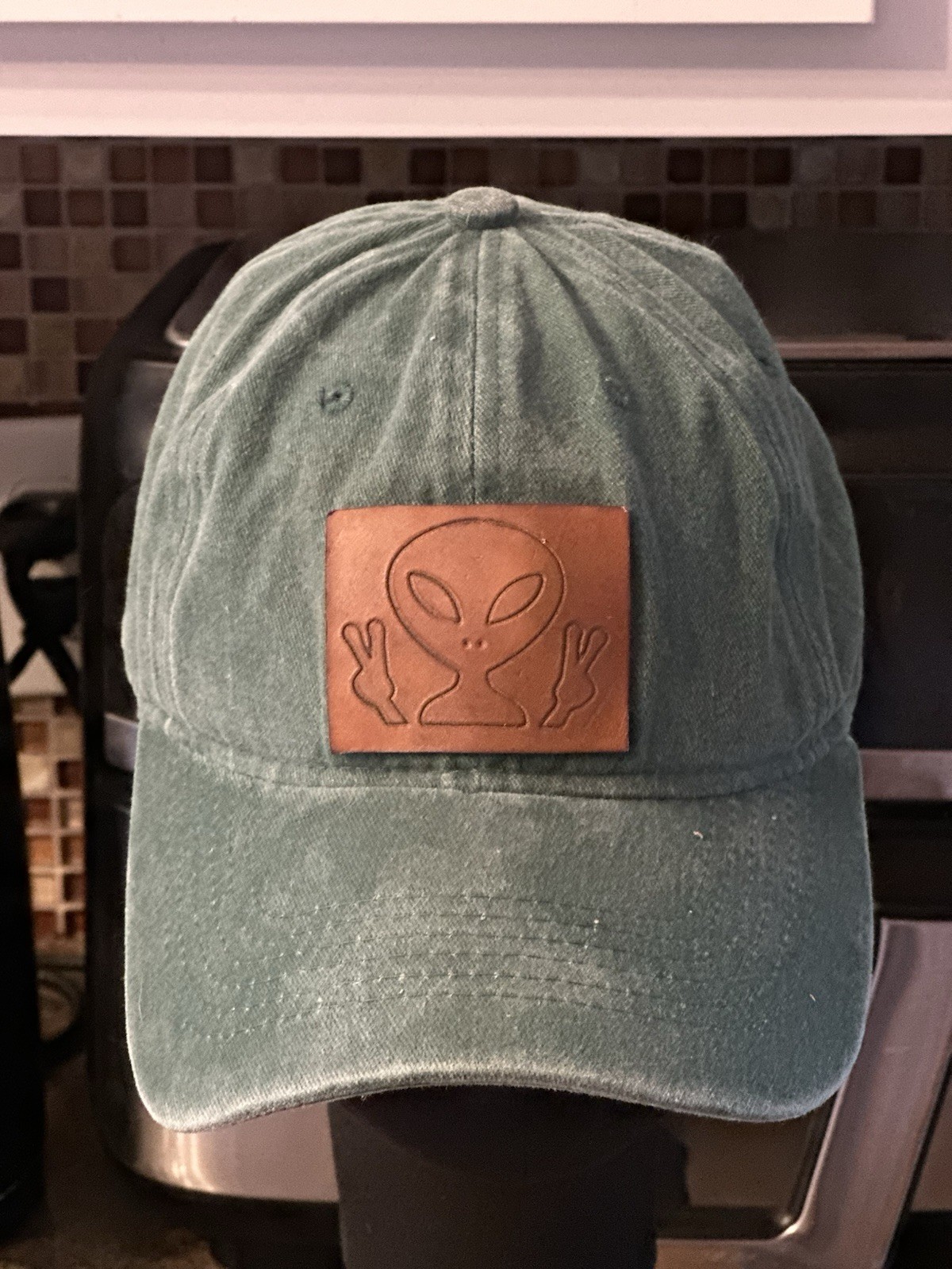 Vintage Green Leather Alien Patch Adjustable Hat - image 1