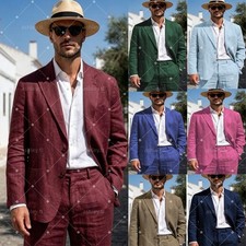Linen Men's Suits Wedding Groomsmen Tuxedo Formal Business Summer Casual 2 Piece