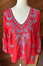 Johnny Was Red 100 Cotton Embroidered Hummingbird Butterflies Peasant Top Sz S