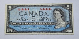 Canada 1954 5$ banknote...SOLID RADAR number VS4444444...RARE