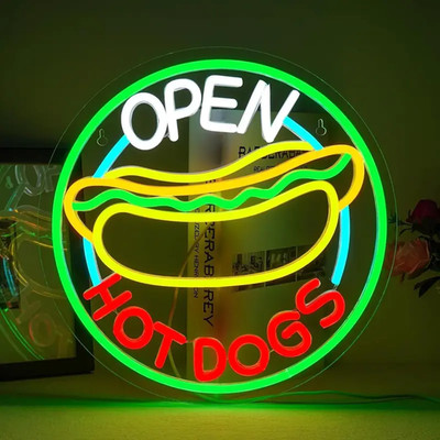16''x16'' Hot Dogs Open Burger Pizza LED Neon Sign With Dimmer USB Powered Light