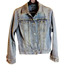 GAP Stretch Blue Denim Button Front Jean Jacket Sz Lrg Pockets Adjustable Tabs