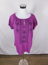 Chaps Purple Embroidered Peasant Top M - Boho Keyhole - Excellent