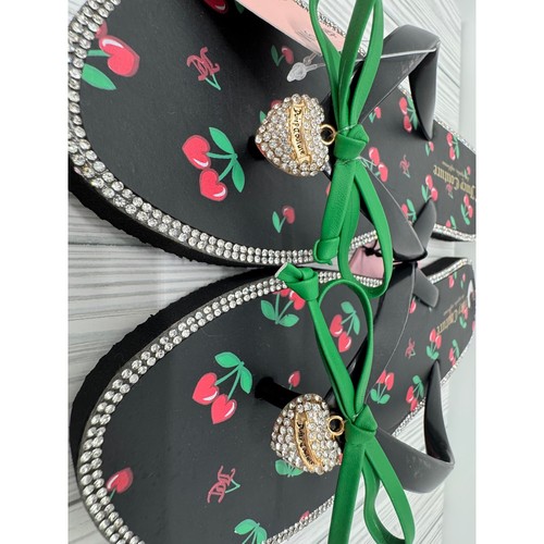 Juicy Couture Women's 9M Black Cherry Rhinestone Embellished Flip Flops Sandals - Picture 4 of 6