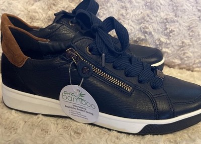 New Ara High Soft Womens Mikky Navy Leather With Brown Tab Shoe -Size 5 US