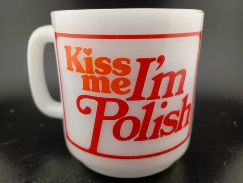 Glasbake Kiss Me I'm Polish Milk Glass 3.5" Cup Mug VINTAGE 1970s Skarbie NICE