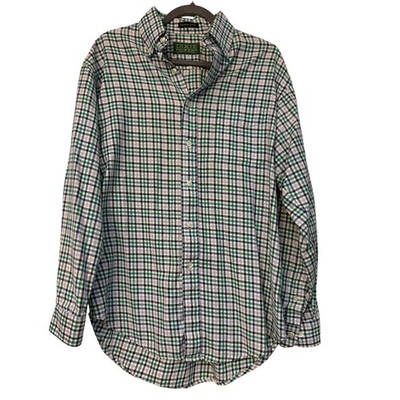 Dixie Pickers Mens Plaid Button Down Shirt Green Navy White Cotton Long Sleeve M