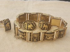 Vintage Damascene Bracelet, Earrings, Ring 7.5