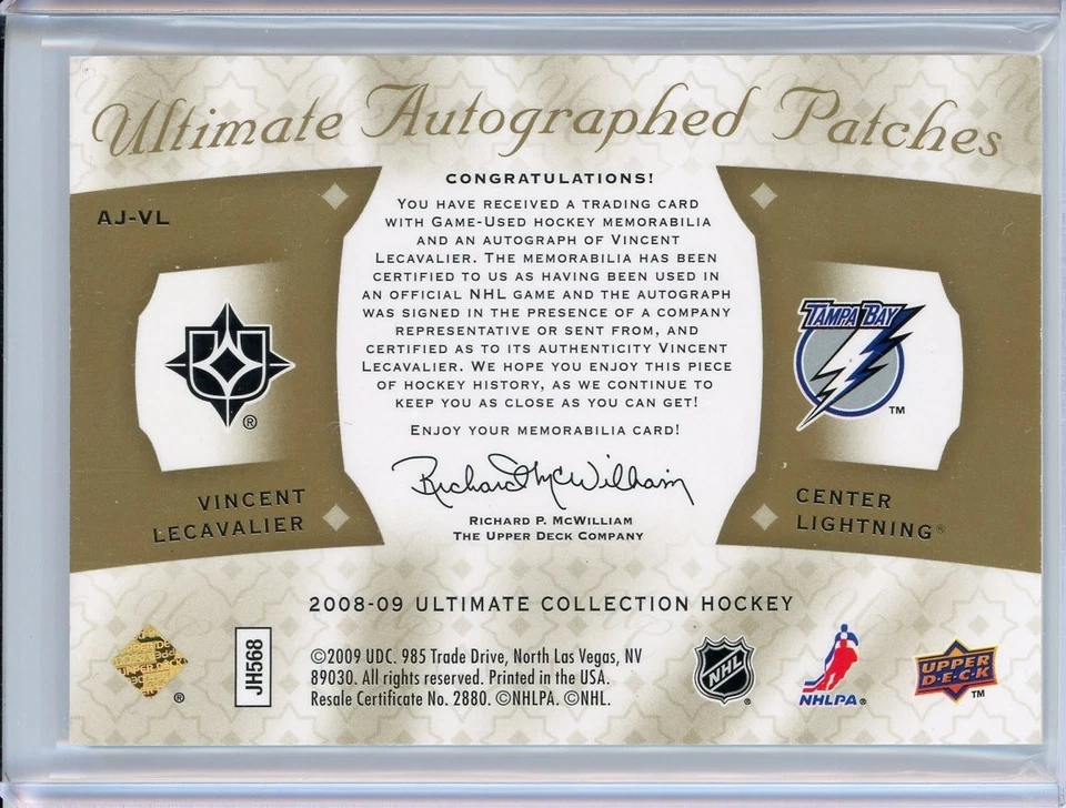 2008-09 UD Ultimate Collection Vincent Lecavalier Dual Patch Auto Lightning /25 - Image 2 of 2