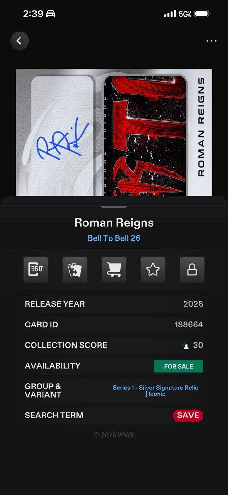 Roman Reigns - Silver Signature Relic Iconic - Topps Slam WWE Bell To Bell 26 view 2