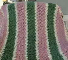 Crocheted Handmade Afghan; Rose, Cream, & Sage Green; Intricate Crochet Work