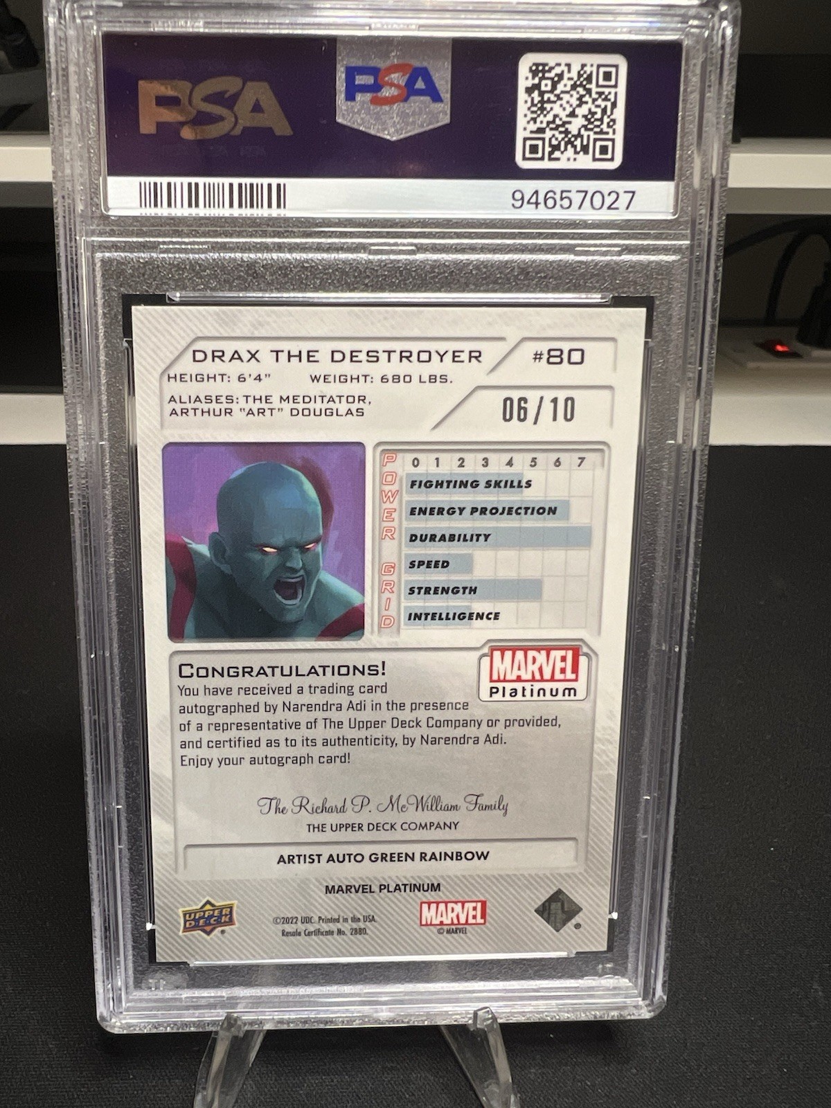 2023 Upper Deck Marvel Platinum Drax #80 Artist Auto Green Rainbow 06/10 PSA 9 view 2
