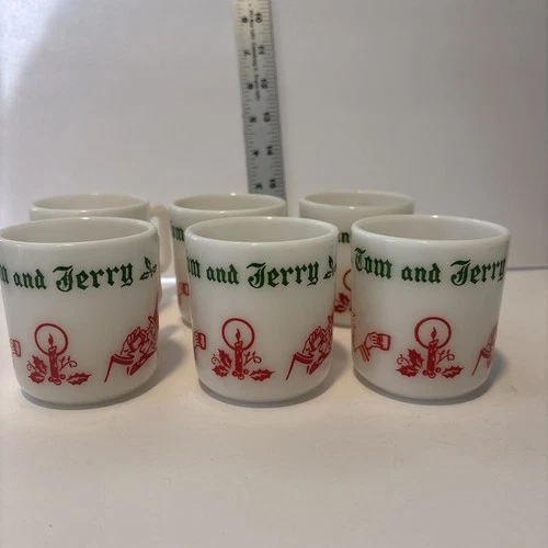 Vintage Tom And Jerry Hazel Atlas Milk Glass Bowl Punch Egg Nog Set 6 Cups EUC