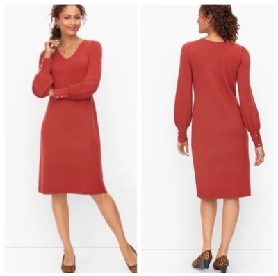 Talbots Pure Soft Merino Wool V-Neck Puff Sleeve Autumn Sweater Dress SP Scallop