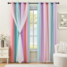 Princess Blackout Curtains with Sheer Overlay - 96" Pink Purple Rainbow Panels