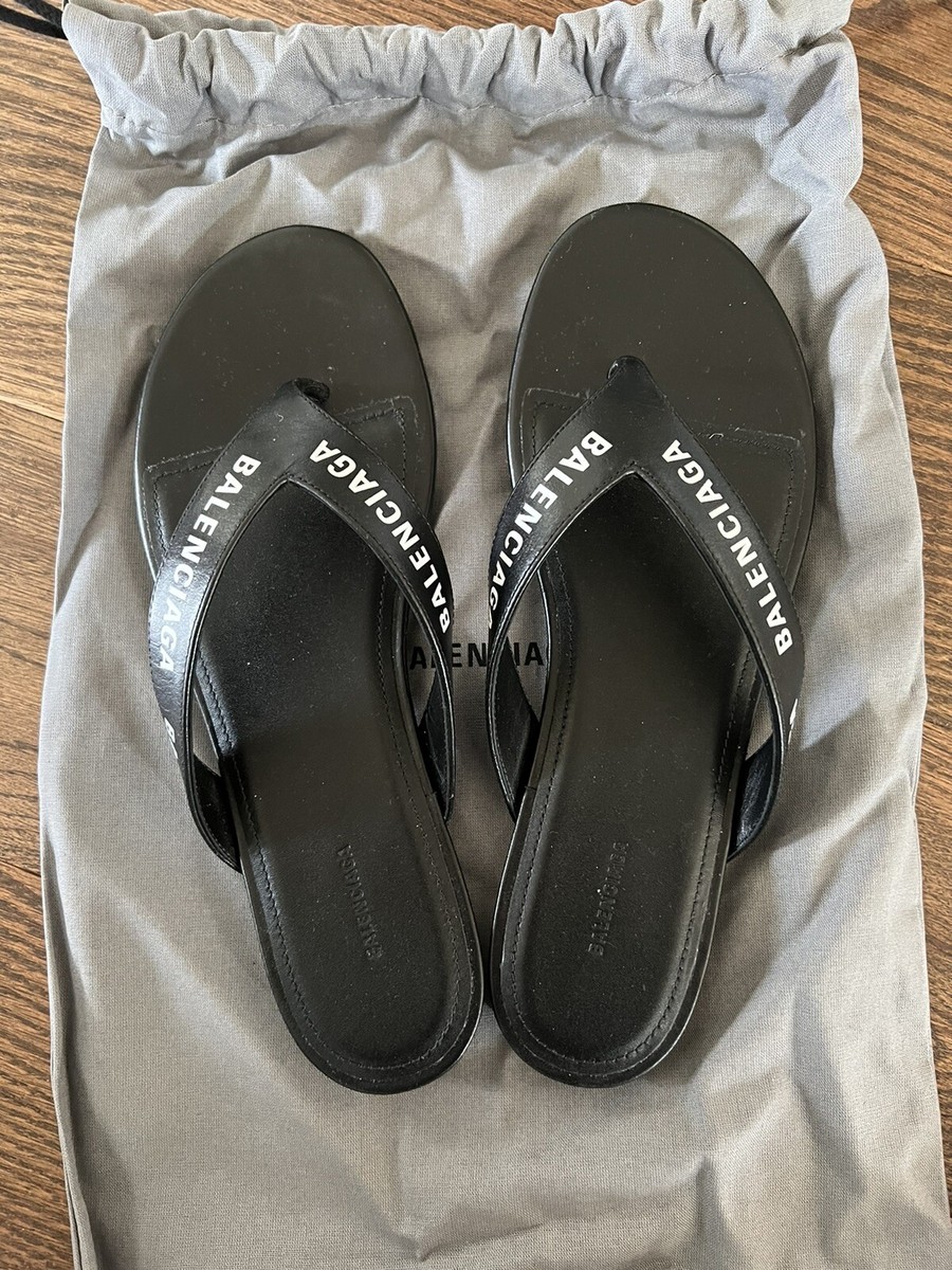 BALENCIAGA Contrast Logo Calfskin Thong Sandals Black 36EU