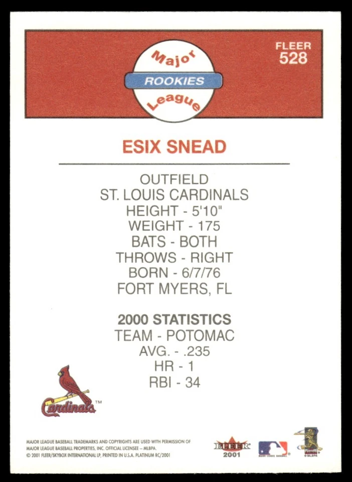 2001 Fleer Platinum Esix Snead St. Louis Cardinals #528 - Image 2 of 2