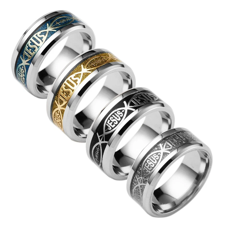 316L Edelstahl Ring Jesus Ichthys Fisch Christentum Gold blau Silber Schwarz