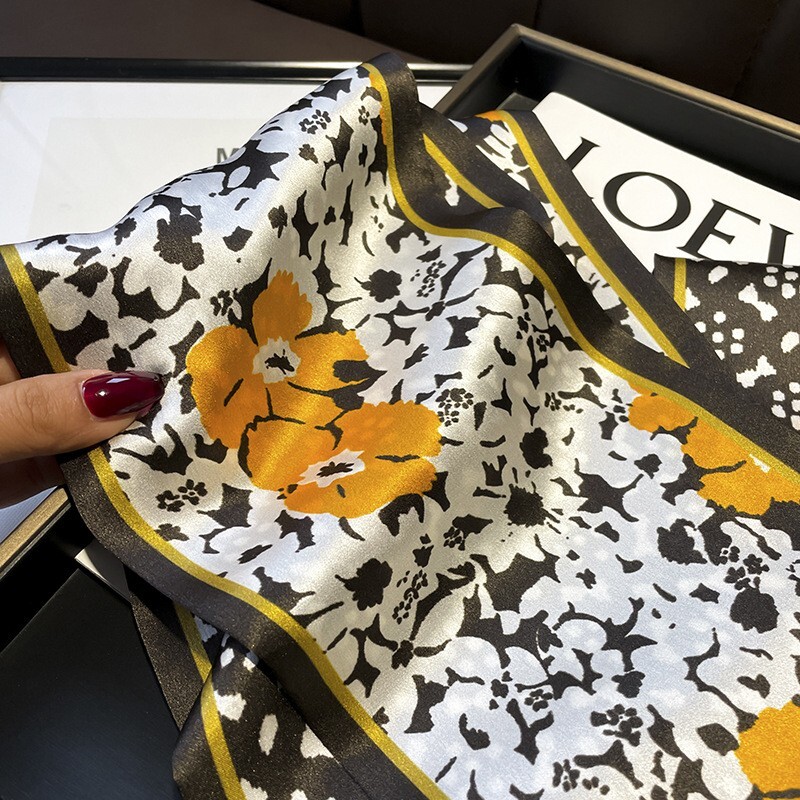 Double Sided 100% Pure Silk Long Scarf Women Black Flowers Neckerchief ...