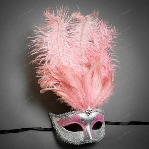 Pegasus Warrior Silver & Silver Mardi Gras Pink Tall Feather Couple Party Masks - Picture 7 of 9