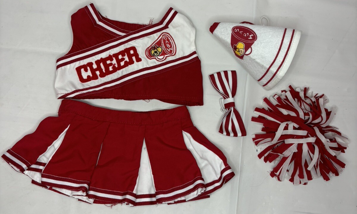Build-A-Bear Cheerleader Outfit Red White: Skirt, Top, Bow, Pom