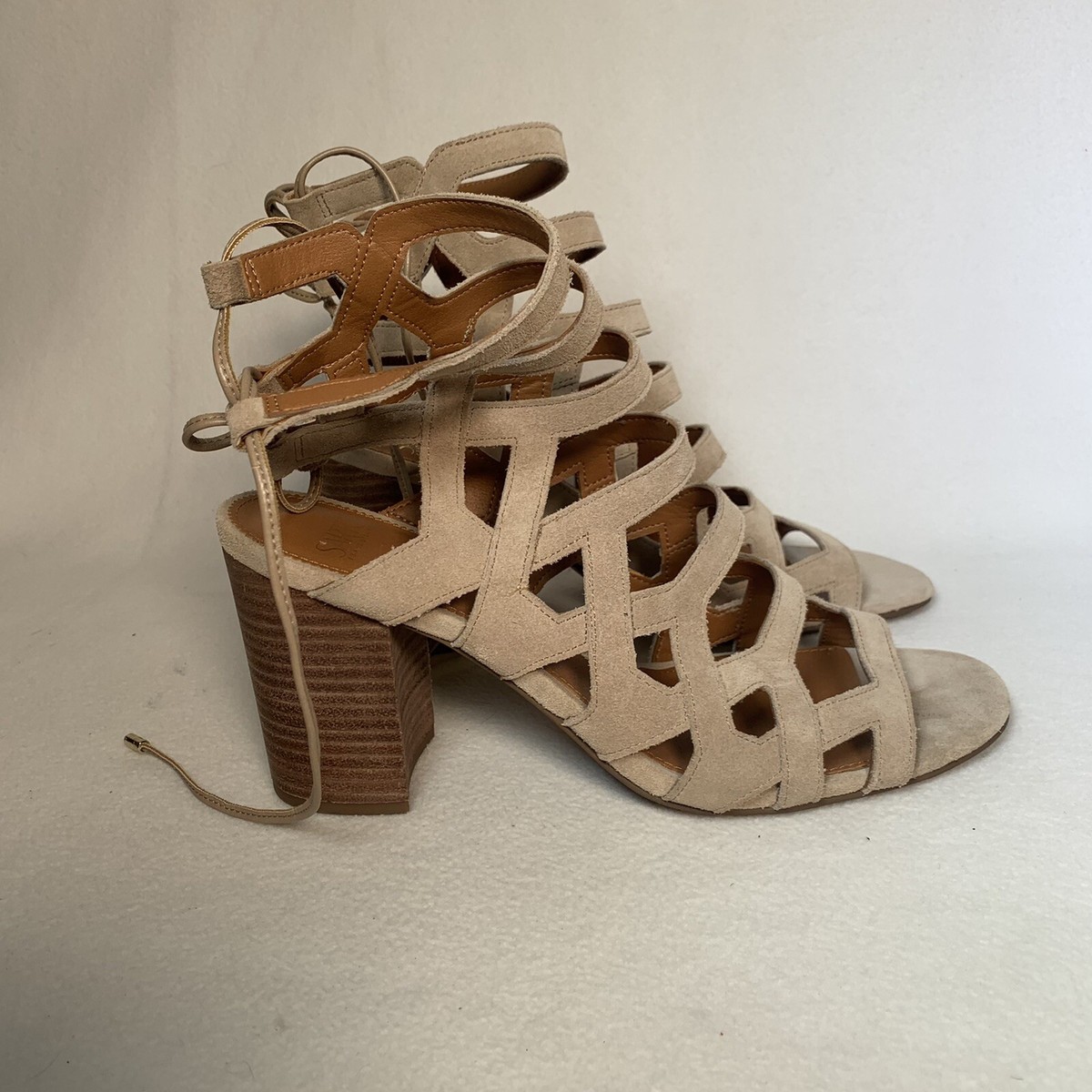 Franco Sarto Suede Gladiator Sandal Sz 11 Beige Leather Cage Block Heel  Connie