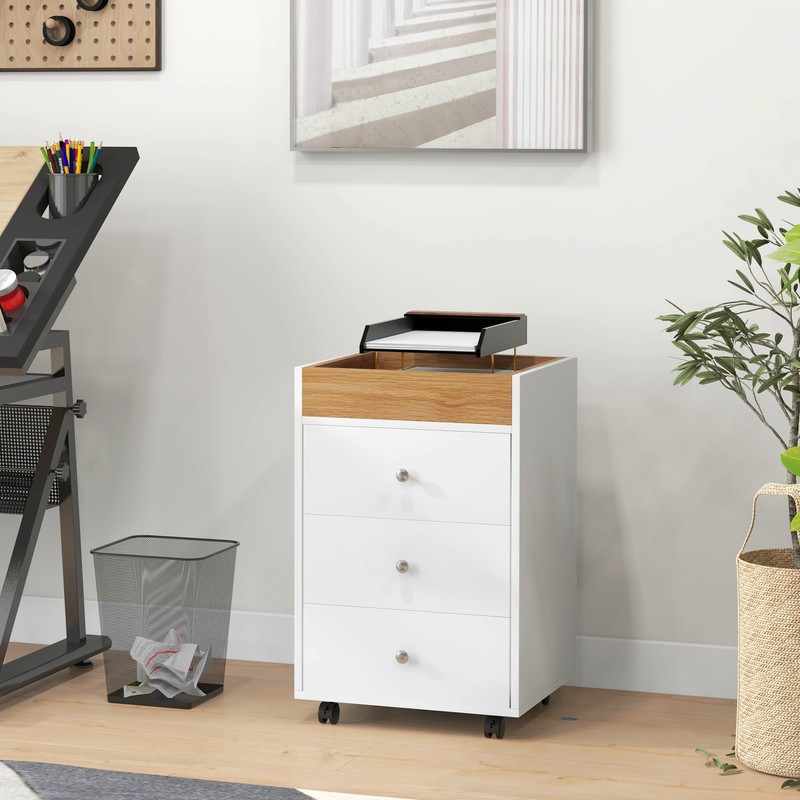 HOMCOM 3 Drawer File Cabinet with Wheels Tray for Home Office White
