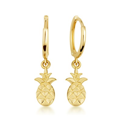 Yellow Gold Pineapple Fruit Drop Huggie Hoop Earrings