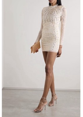 Self Portrait Woman s Dress Embellished Gathered Mesh Turtleneck Mini Dress