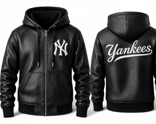Men's Black  Leather Jacket NY Yankees Leather Hoodie Handmade Genuine Lambskin - product listing photo