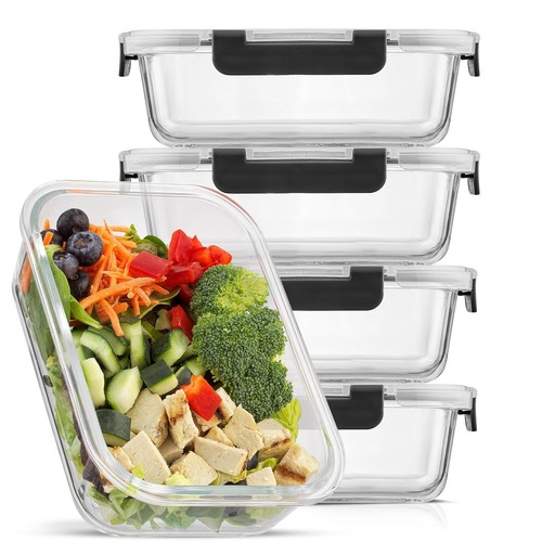 Glass Food Storage Containers with Lids. 5 Pack Glass Meal Prep Containers Re...