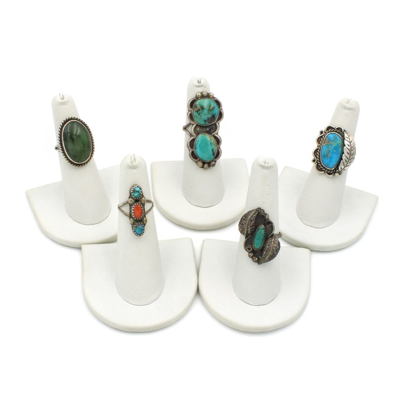 Southwest Sterling Turquoise Malachite Red Coral Feather Rings Lot of 5 #S5319-2