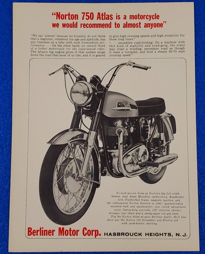 1965 CLASSIC NORTON MOTORCYCLE PRINT AD ATLAS 750cc BRITISH CAFE RACING ICON