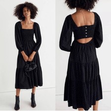 Madewell Sz Small Lucid Black Tiered Long Sleeve Smocked Dotted Nap Midi Dress