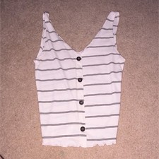 Striped White Black Sleeveless V Neck Button-Front Tank Top Women