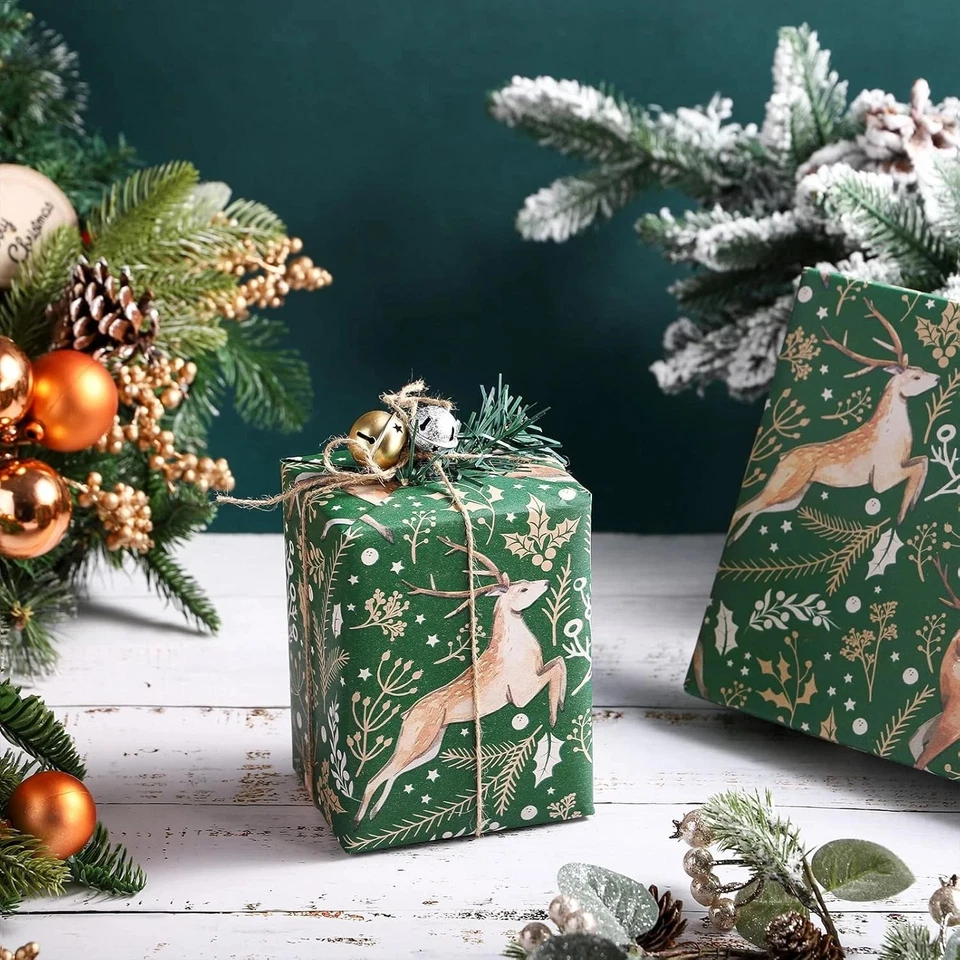 Ruspepa Kraft 圣诞包装纸 1 卷绿色驯鹿密封全新 — 第 3/4 张图片