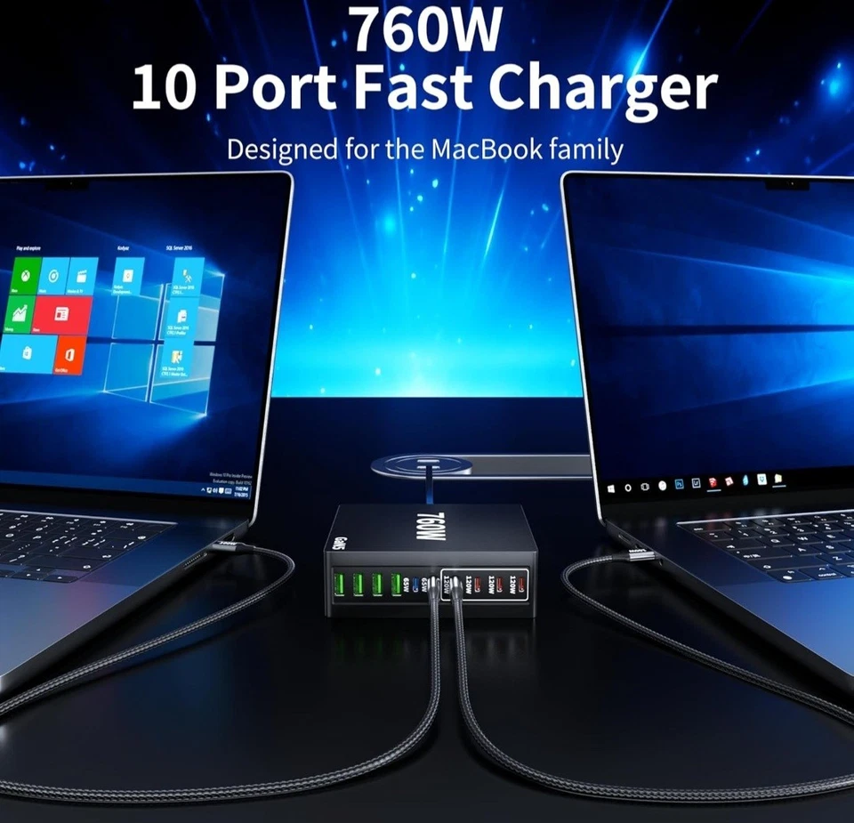 760W USB C Charger Block, 10 Port Fast Charging Station Hub Brick PD 100W Macboo - Image 2 of 4