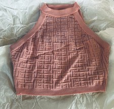 Balmain Paris Pink Knit Geometric Cropped Sleeveless High Neck Tank Top Size 34