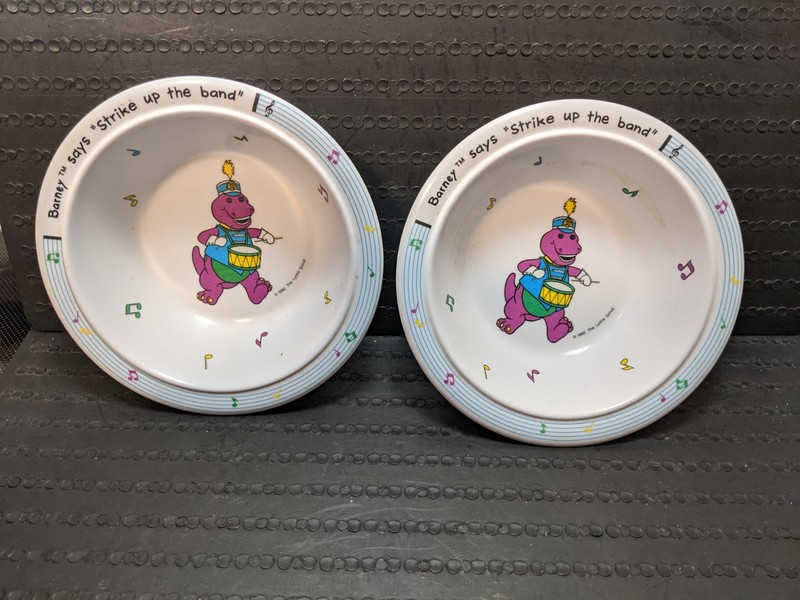 LOT of 2 VINTAGE 1992 BARNEY the DINOSAUR MELAMINE CEREAL BOWLS