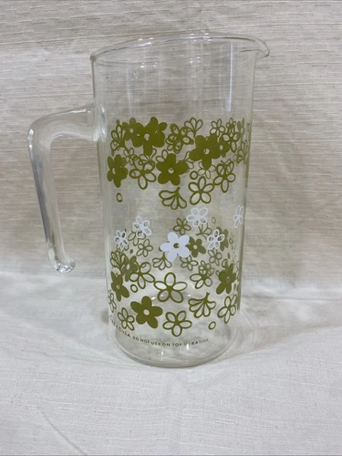 Vintage Pyrex Crazy Daisy Spring Blossom Glass Pitcher Green White Flowers