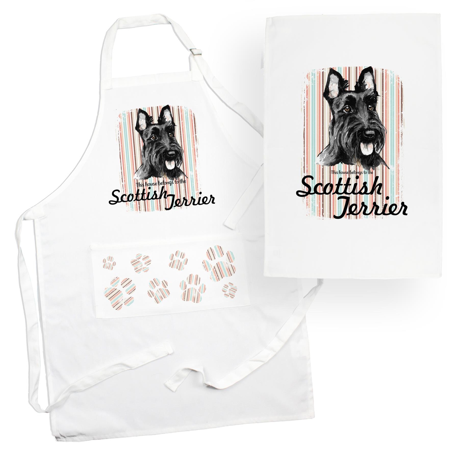 Scottish Terrier Tea Towel & Apron Set - Dogs & Paw Prints Kitchen Linens Gifts